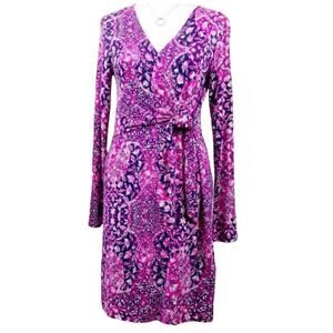 Artisan NY Pink & Navy Blue Paisley Knit Faux Wrap Dress Women's Size M